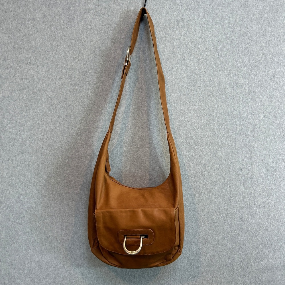 Kenneth Cole Large Hobo Bag Cognac Brown Leather D-Ring Crossbody Purse Western‎